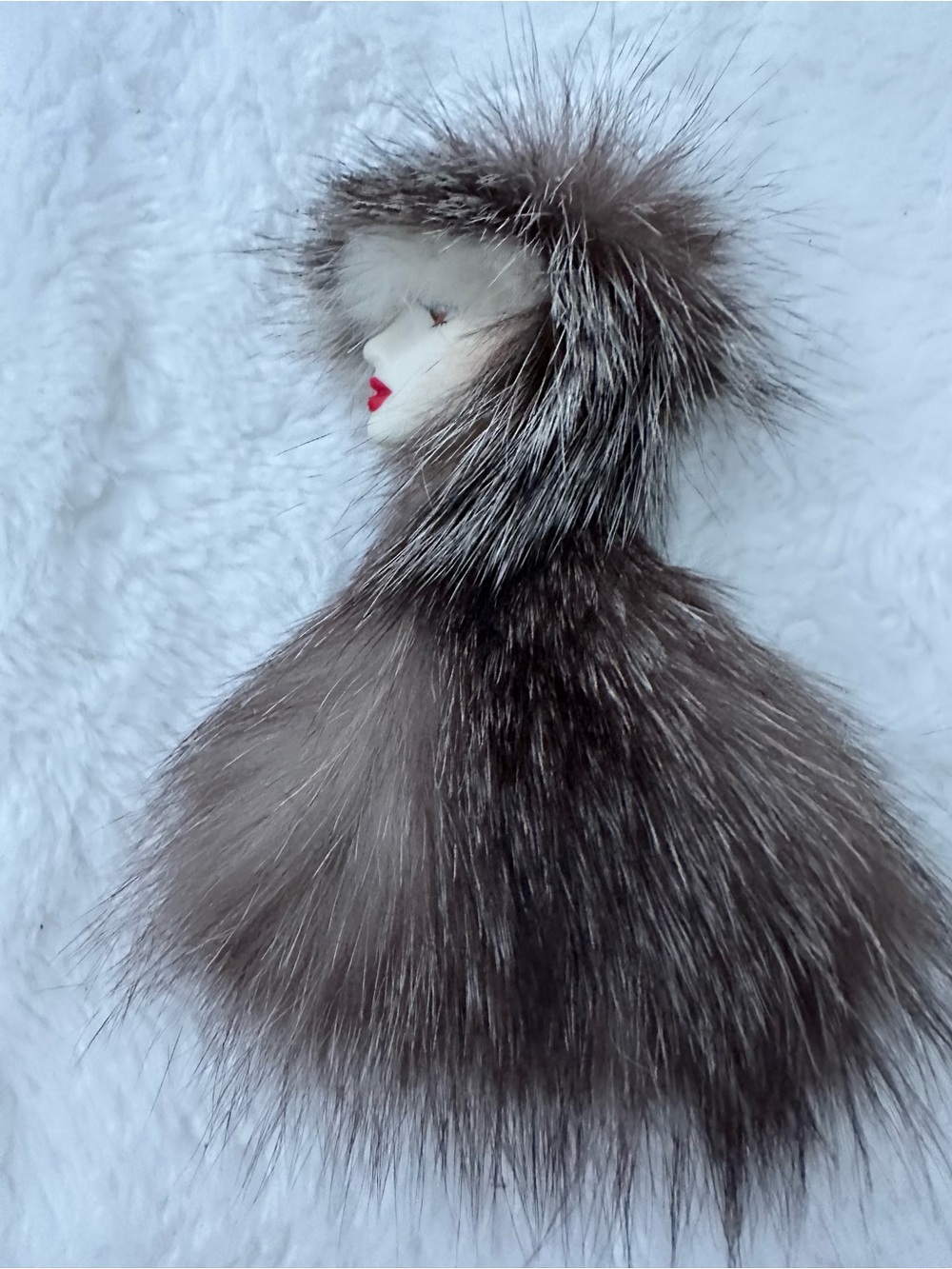 Vintage Brown Fur Doll Brooch with Porcelain Face